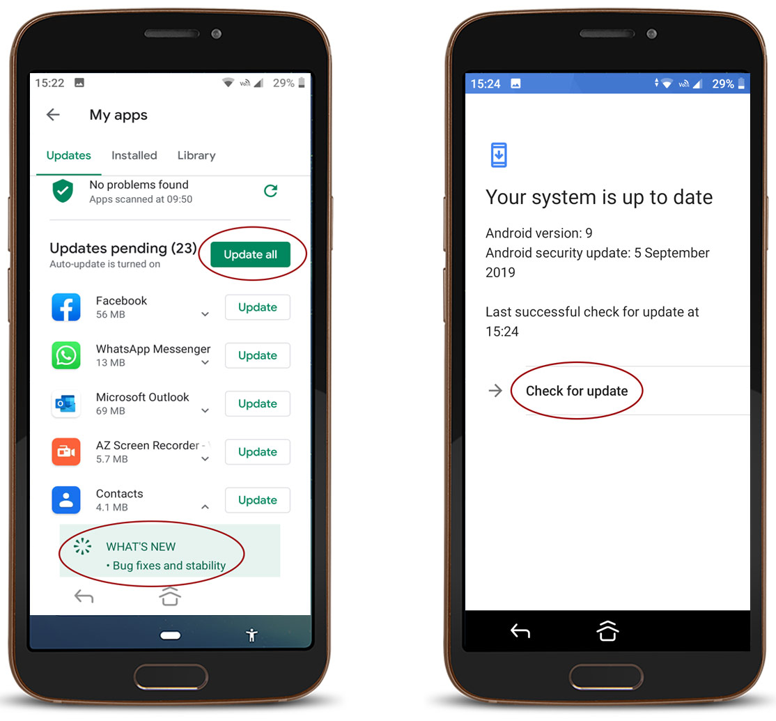 Smartphone screens showing app updates in Google Play and system update check settings