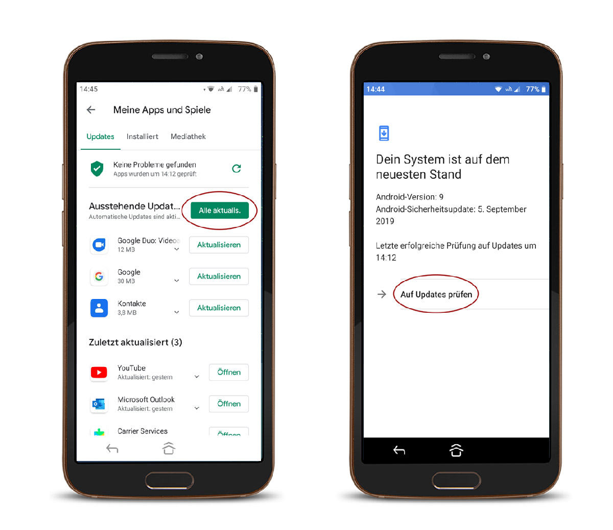 Doro Eva smartphone showing how to update apps in Google Play Store and check system updates in settings