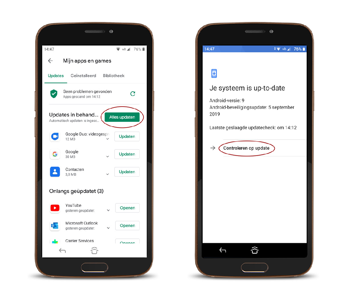 Doro smartphone showing how to update apps and check system updates in Android settings in Dutch