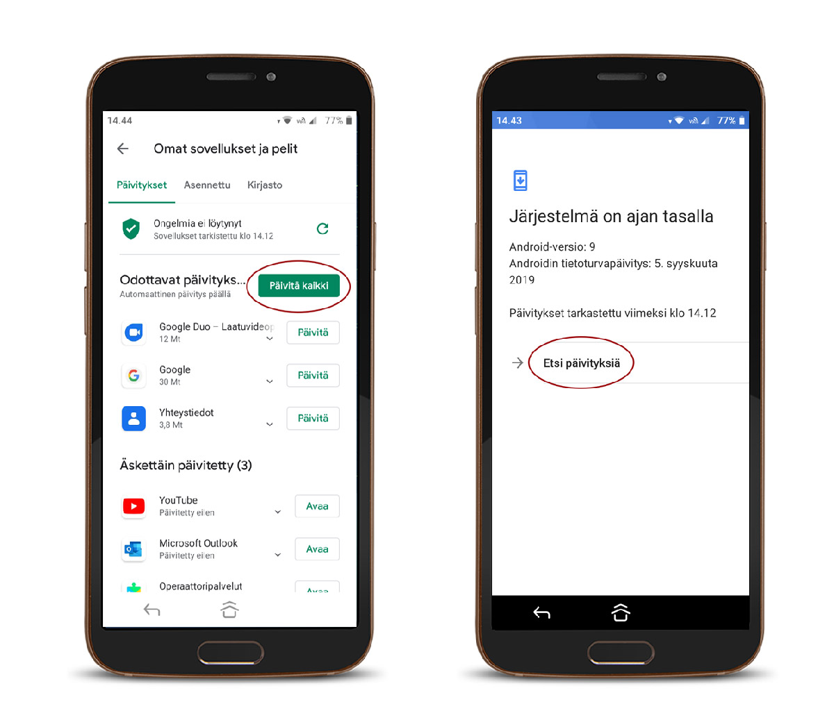 Doro älypuhelin, jossa näkyy suomeksi kuinka päivittää sovellukset ja tarkistaa järjestelmäpäivitykset Android-asetuksissa.