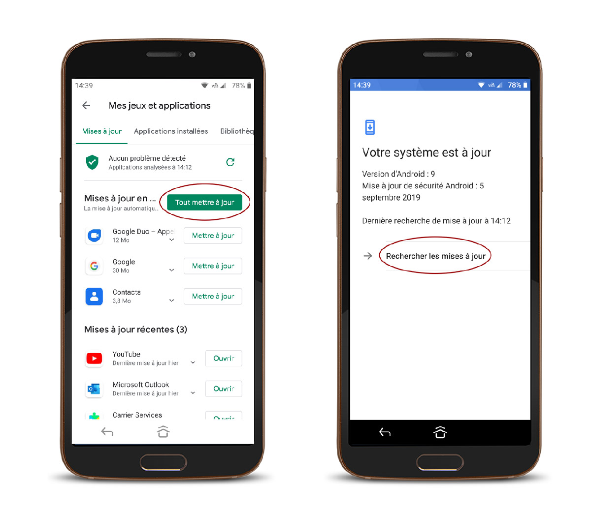 Smartphone Doro montrant comment mettre à jour les applications et vérifier les mises à jour du système dans les paramètres Android en français.