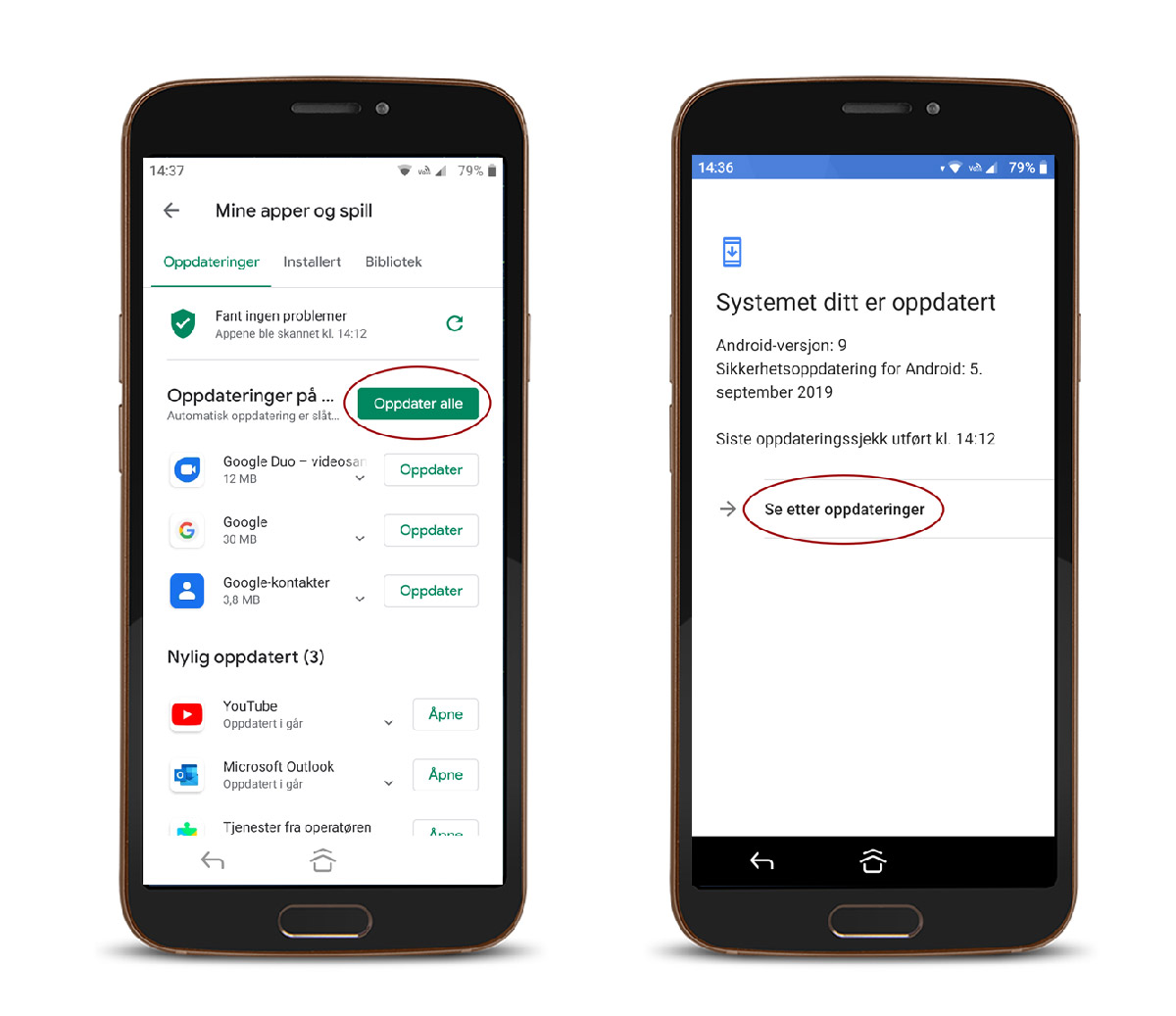 Doro seniorvennlig smarttelefon som viser hvordan man oppdaterer apper og sjekker systemoppdateringer i Android-innstillinger (på norsk)