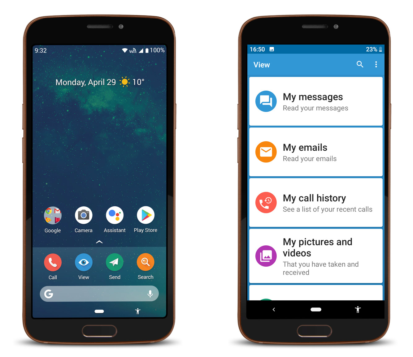 Doro smartphone interface with EVA menu and large icons