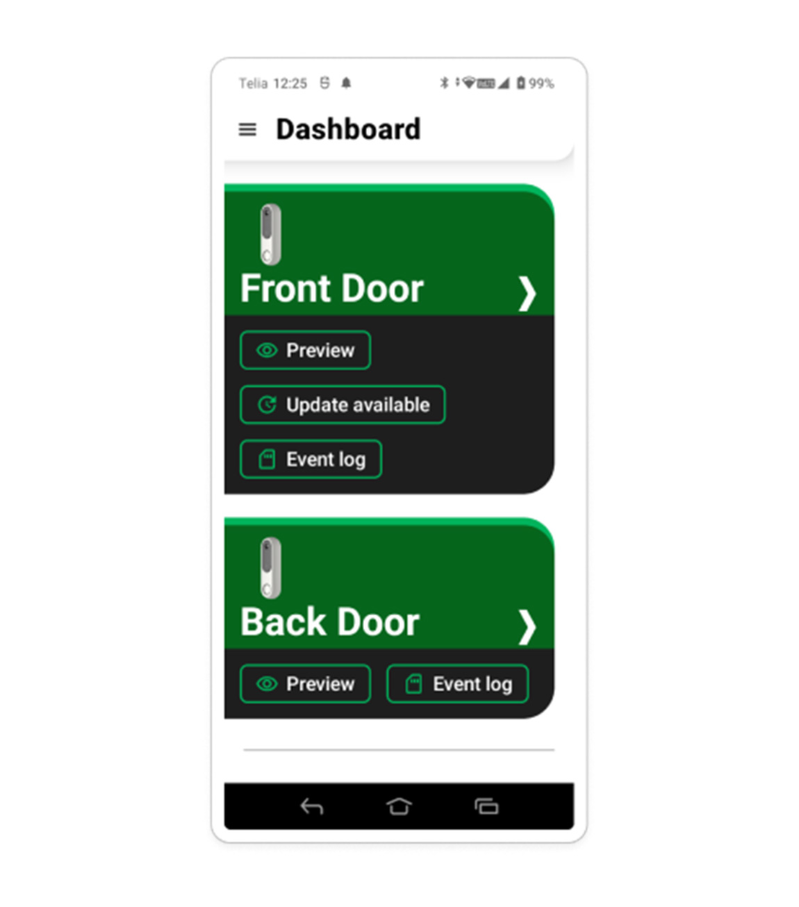 Doro smart home app dashboard showing front and back door monitoring with preview and event log