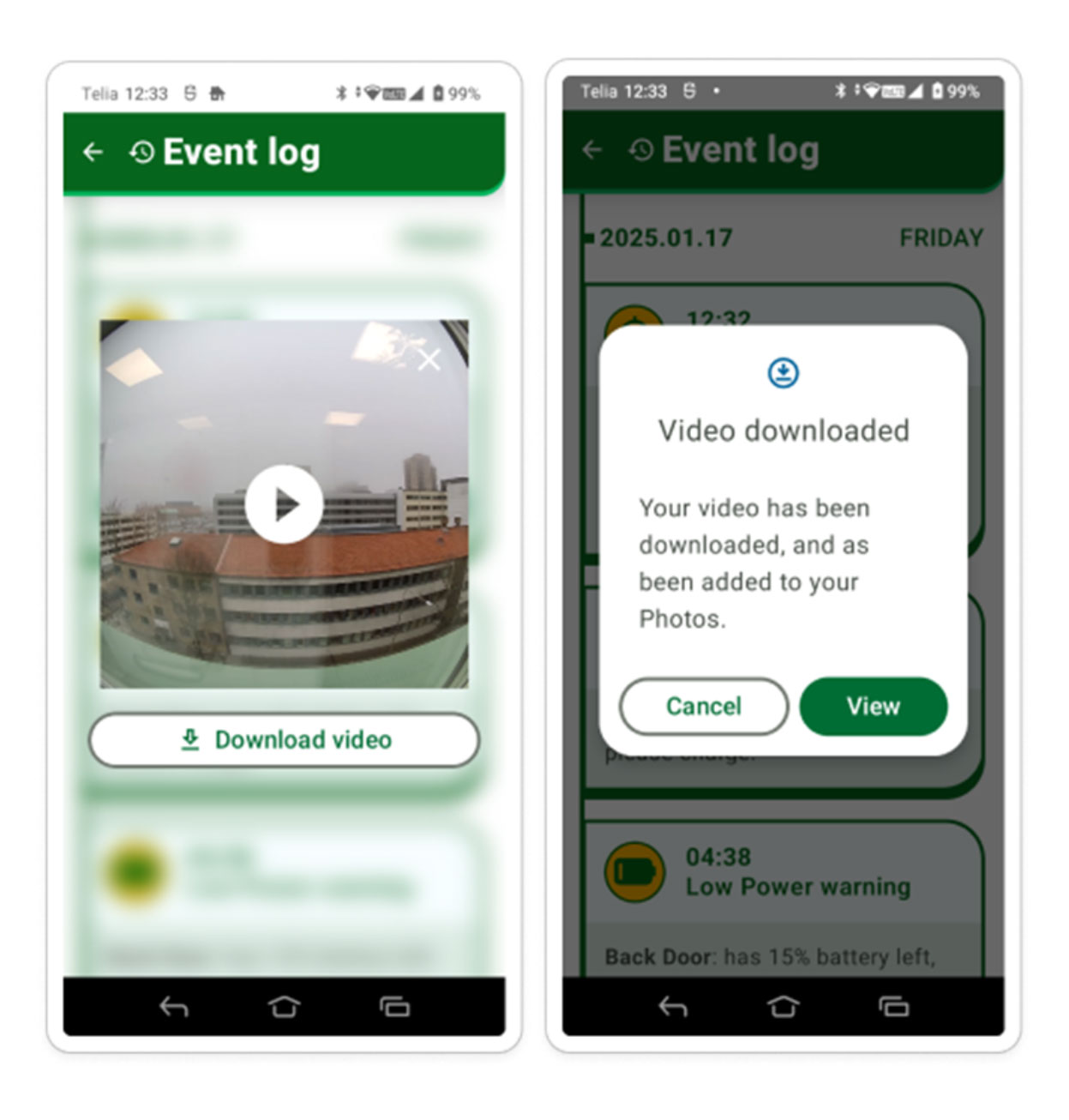 Doro app event log showing video playback and download confirmation on smartphone