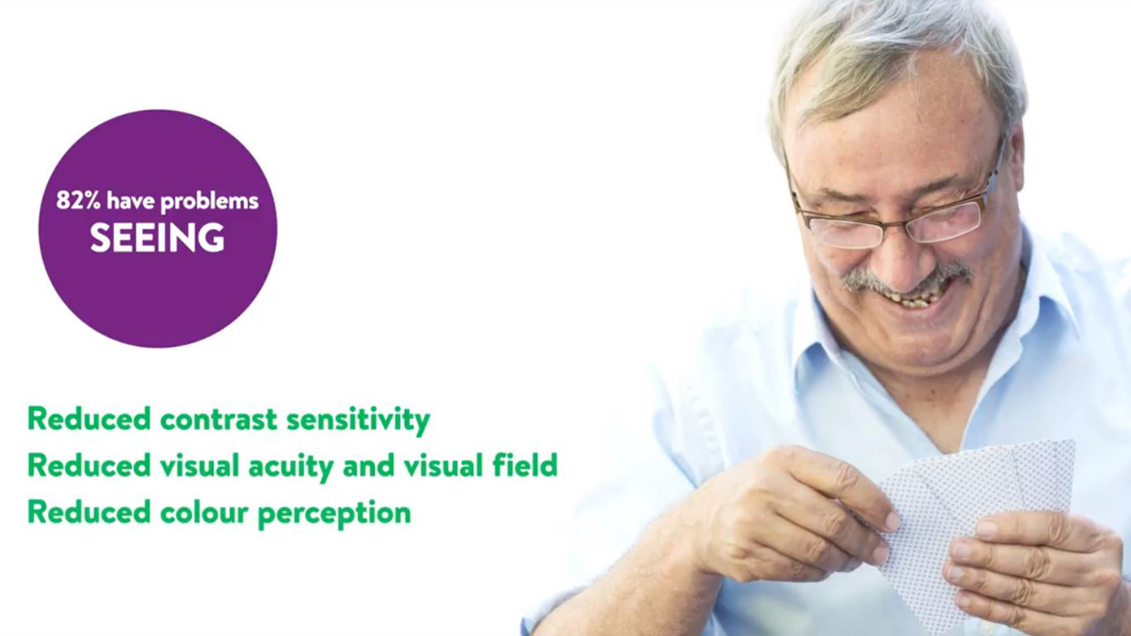 Man smiling while reading paper with text about vision problems