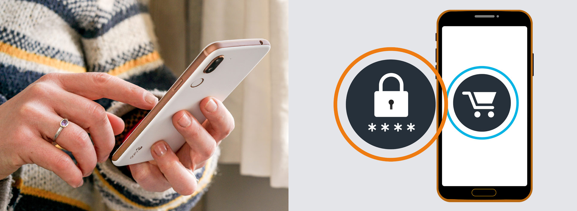 Person using a Doro smartphone with icons showing secure login and online shopping features