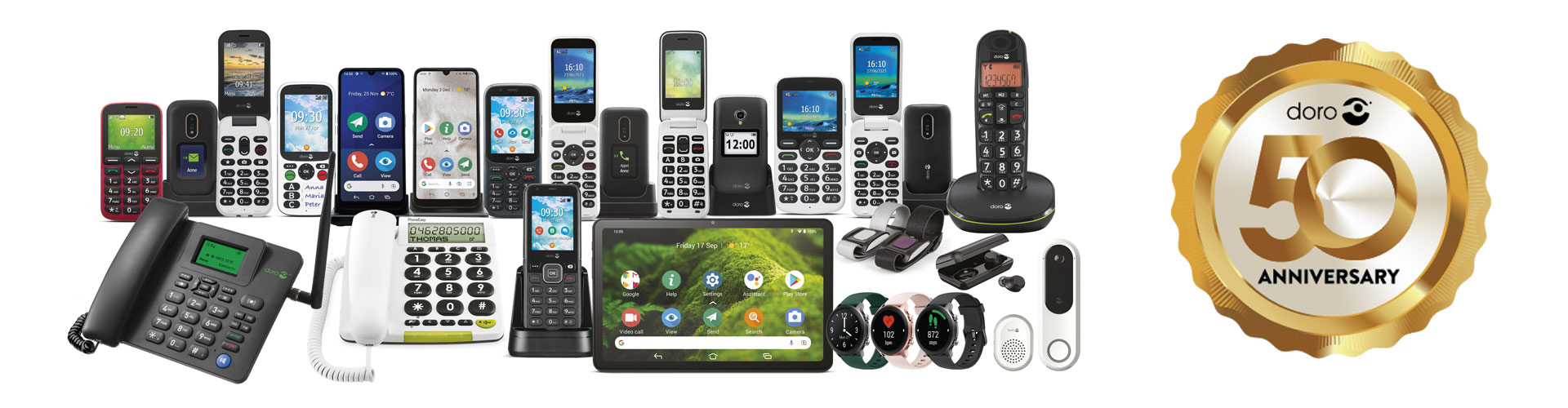 Range of Doro phones, devices and accessories with 50th anniversary badge
