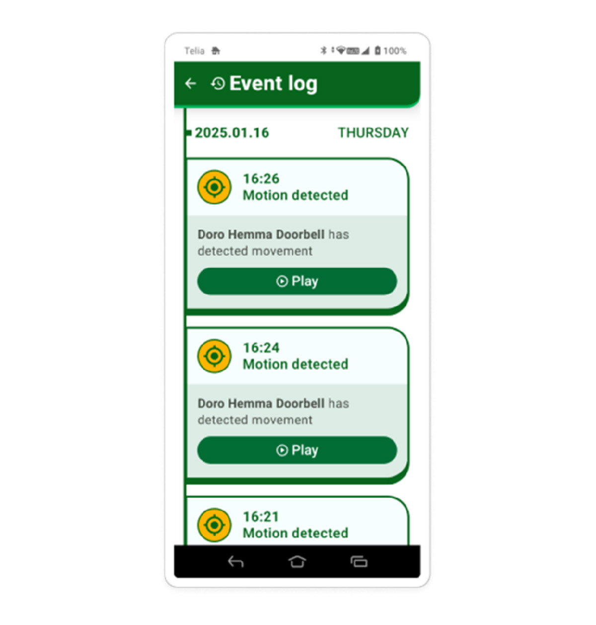 Doro Hemma doorbell app showing event log with motion detection alerts and timestamps