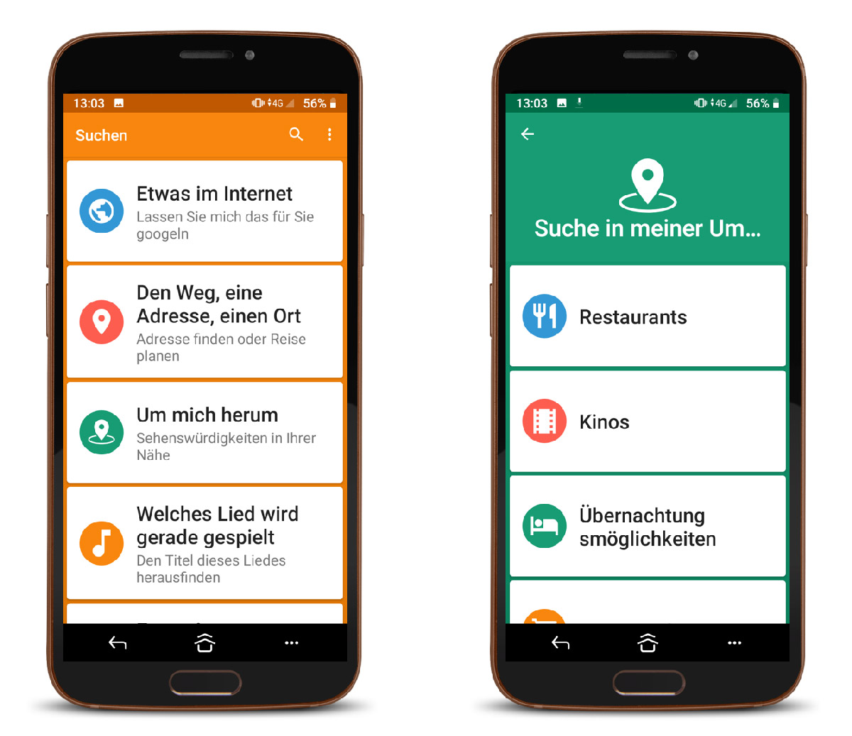 Smartphone screens showing search options in German including internet search, directions and nearby places