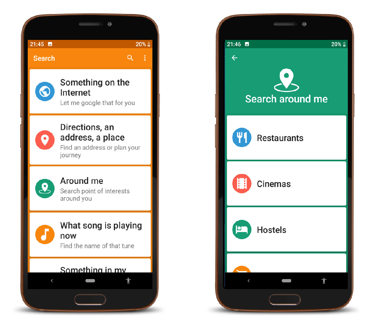 Smartphone screens showing search features including internet search, directions and nearby places