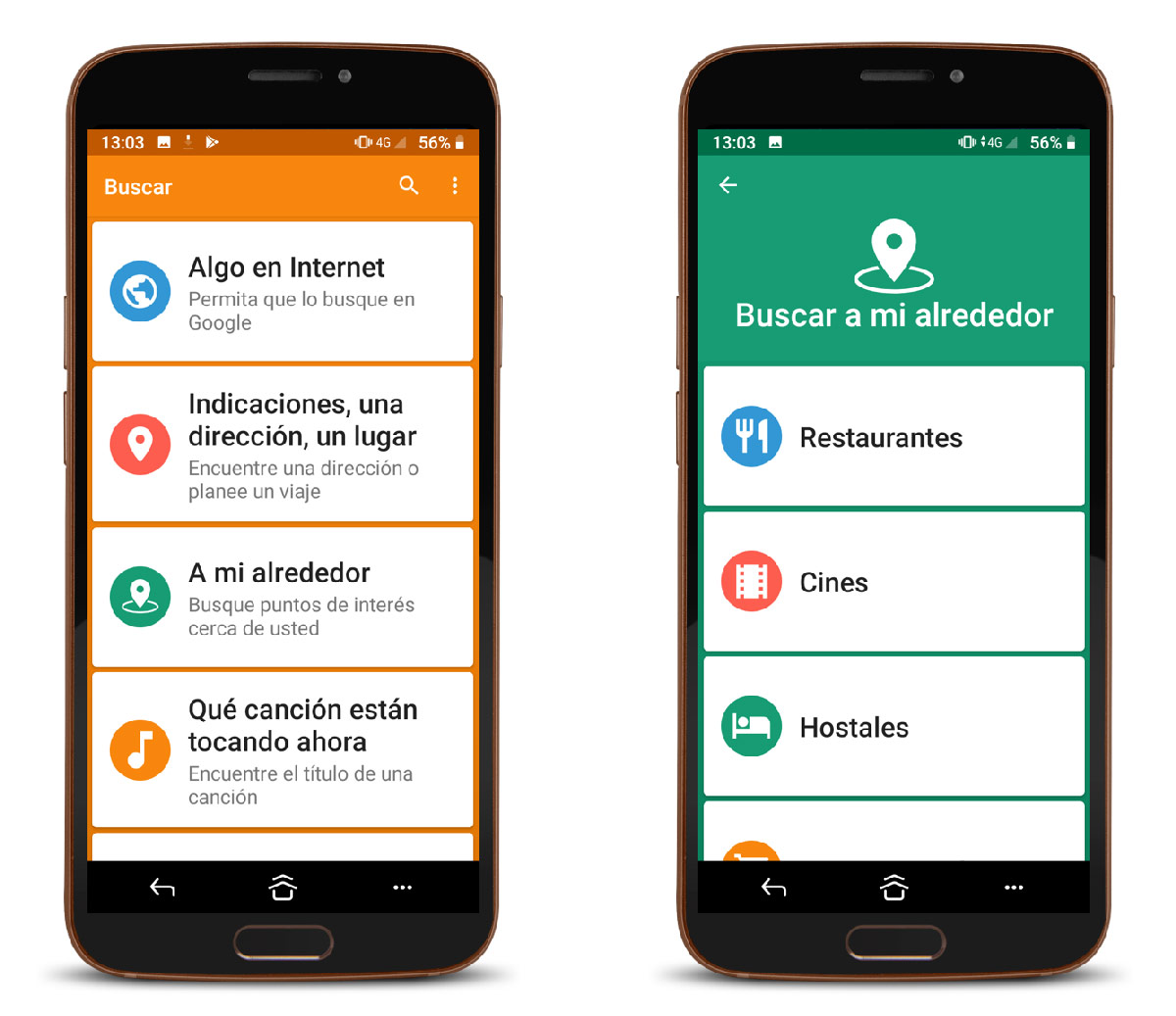 Smartphone screens showing search options in Spanish including internet search, directions and nearby places