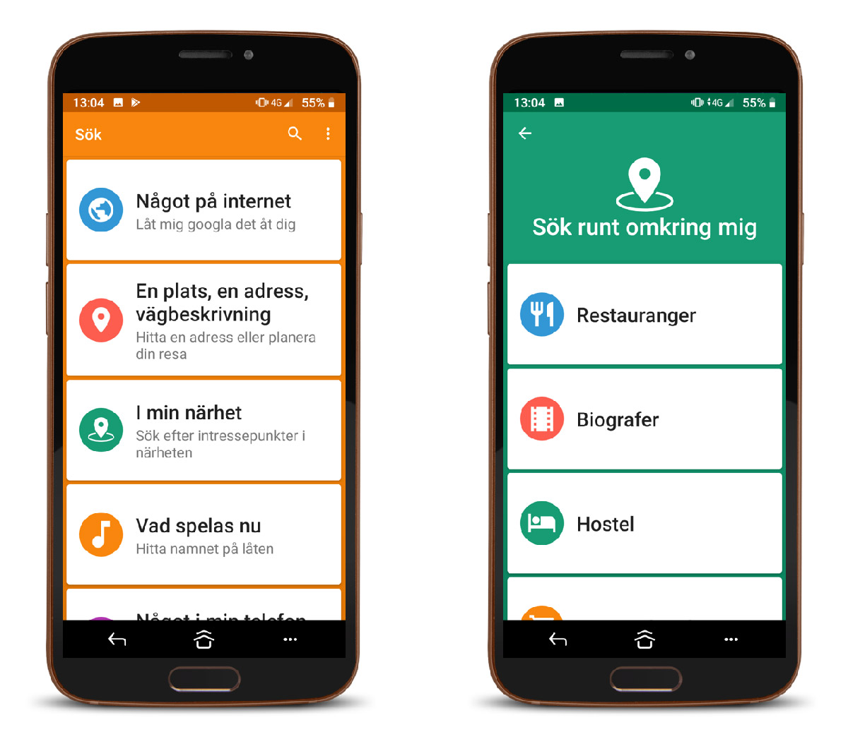 Smartphoneskärmar som visar sökalternativ på svenska, inklusive internetsökning, vägbeskrivningar och platser i närheten