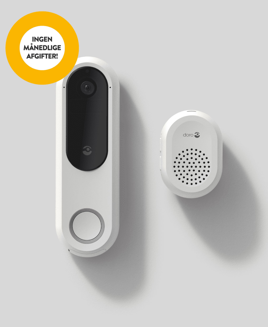 Doro Hemma smart doorbell and chime with no monthly fees shown on a clean background in Danish