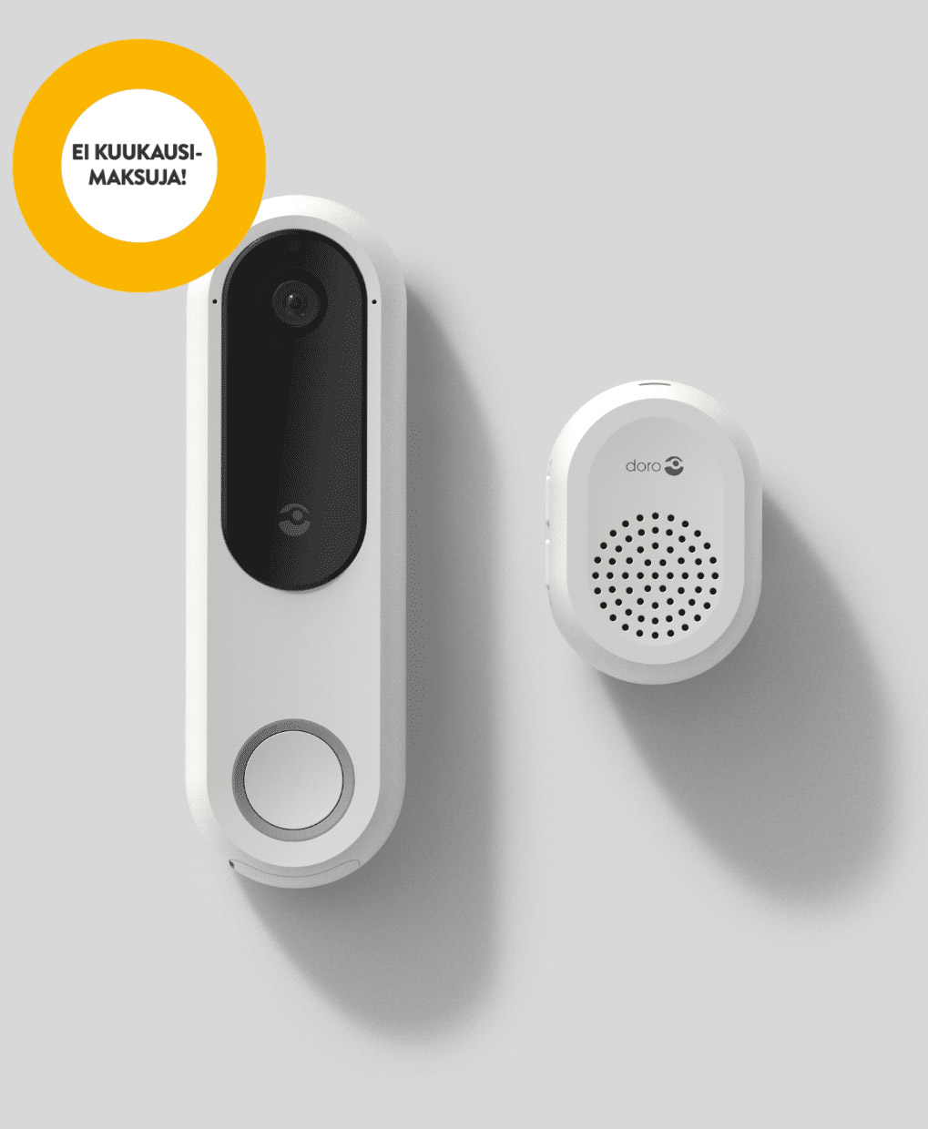 Doro Hemma smart doorbell and chime with no monthly fees shown on a clean background in Finnish
