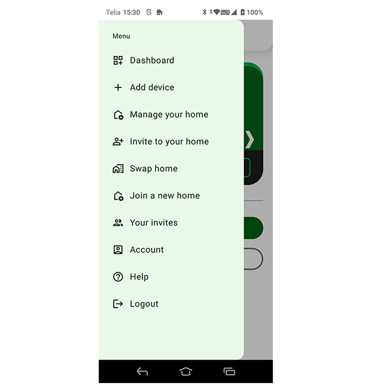 Doro smart home app menu showing dashboard device management and account options
