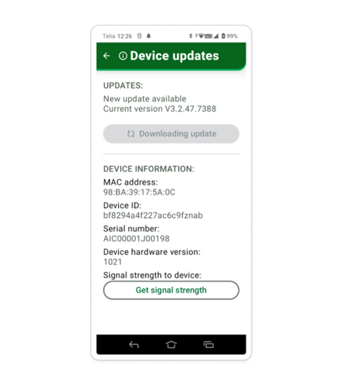 Doro device updates screen showing available software update and device information details