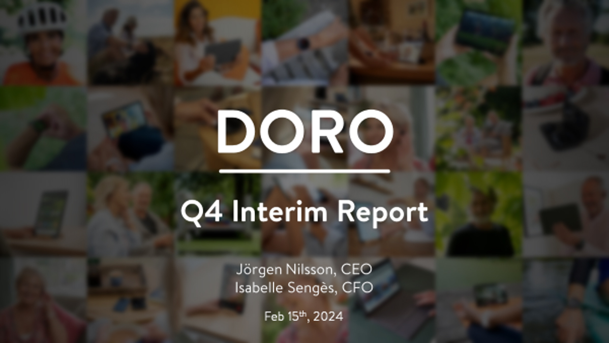 Doro Q4 interim report slide with branding and collage of seniors using phones and digital devices