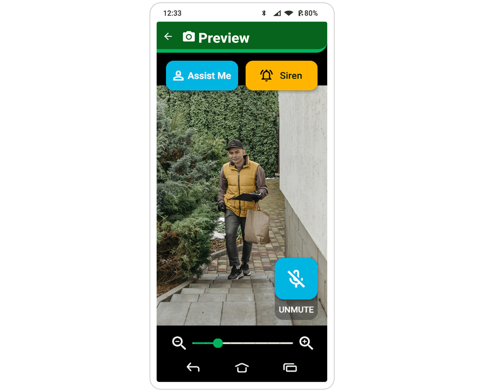 Doro doorbell app preview screen with assist and siren buttons