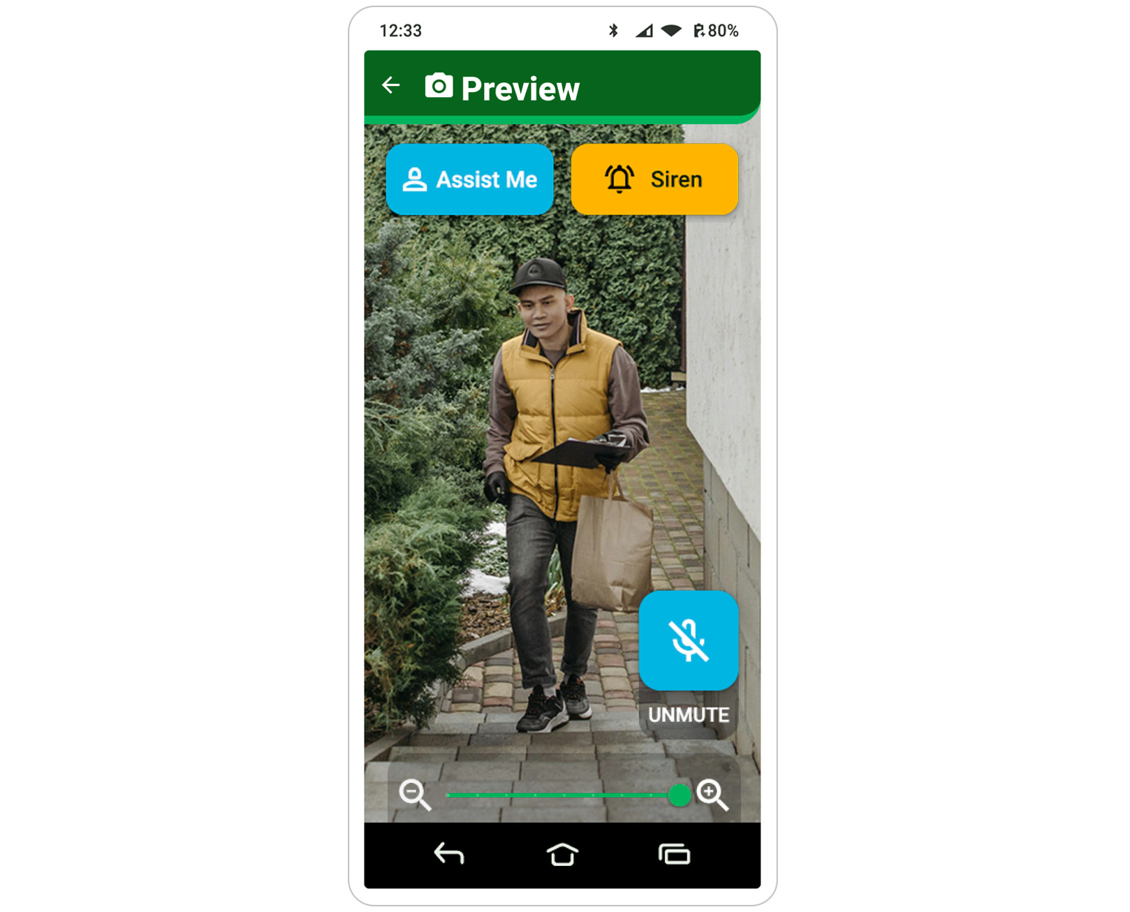 Doro doorbell app preview with unmute option and assist and siren buttons