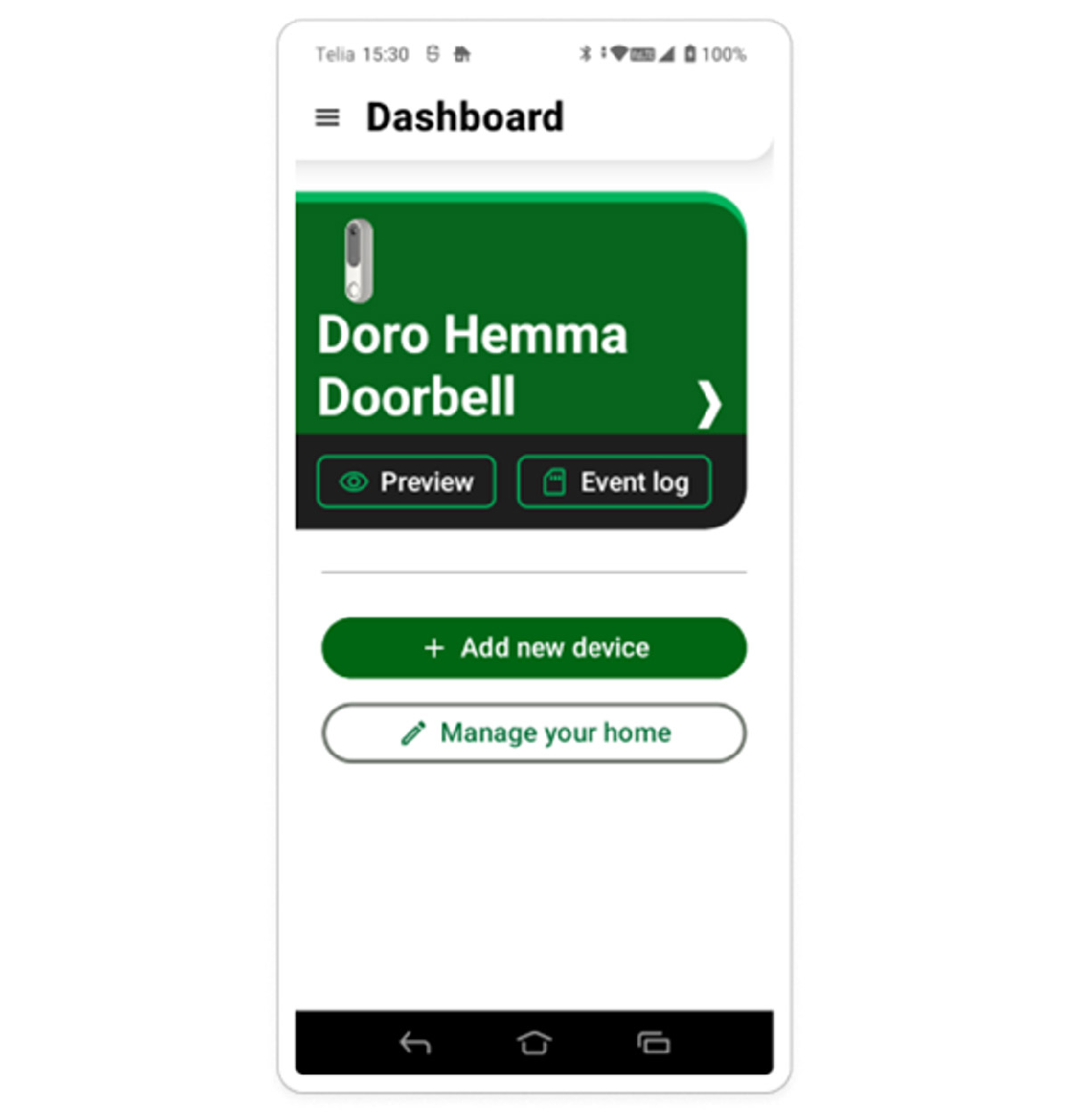Doro Hemma doorbell dashboard in Doro app showing preview, event log and device management