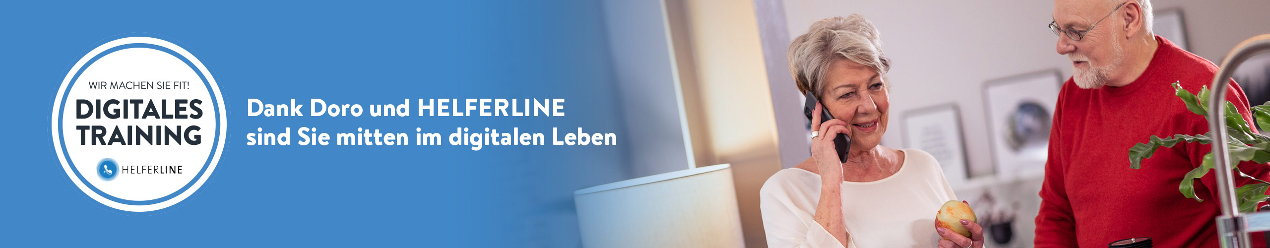 Older woman receiving digital support via phone at home through Doro Helferline service