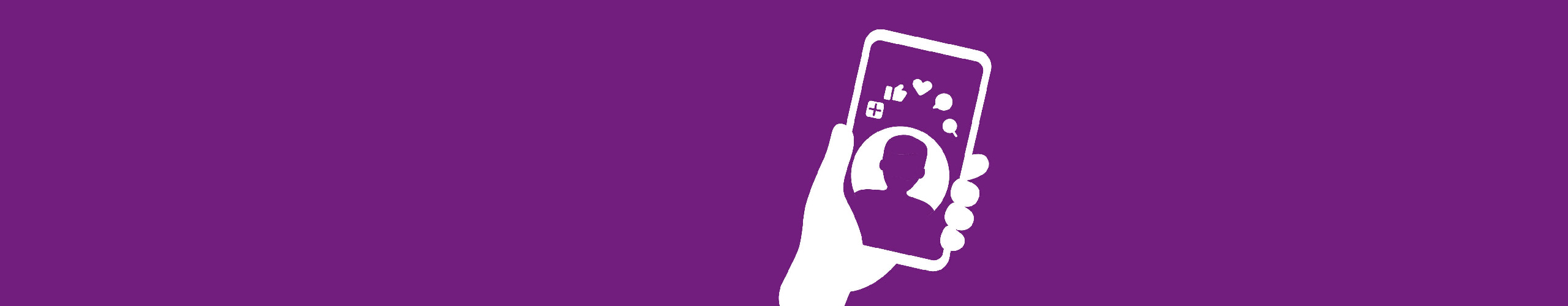Illustration of a hand holding a smartphone with social media icons on a purple background