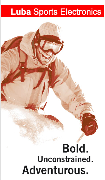 Man skiing downhill in winter gear, promoting Luba Sports Electronics adventurous lifestyle