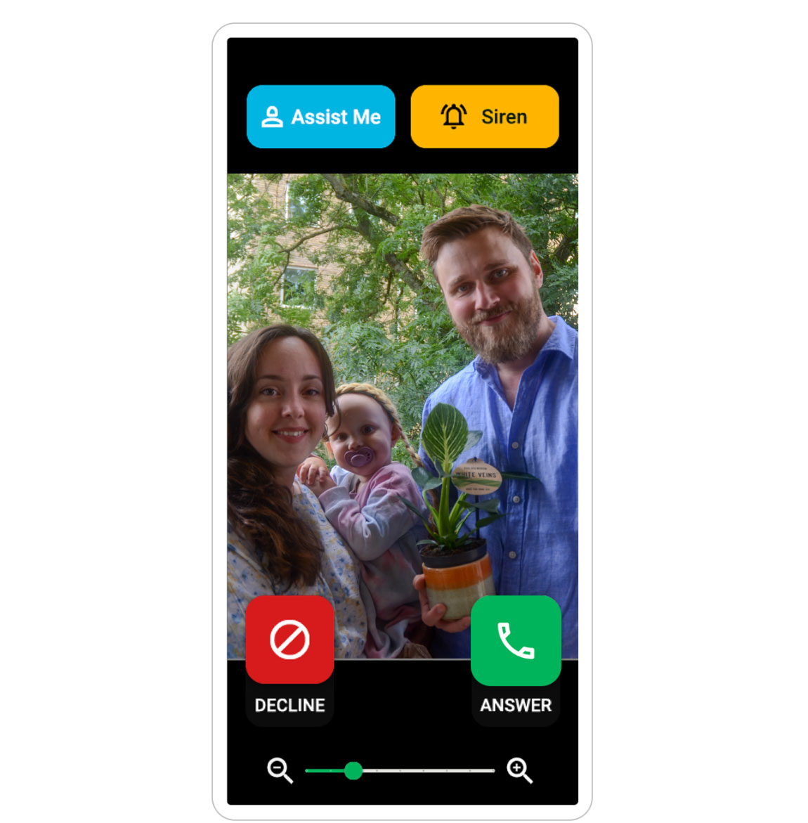 Incoming call screen showing a family with a baby, featuring large assist, siren, answer and decline buttons