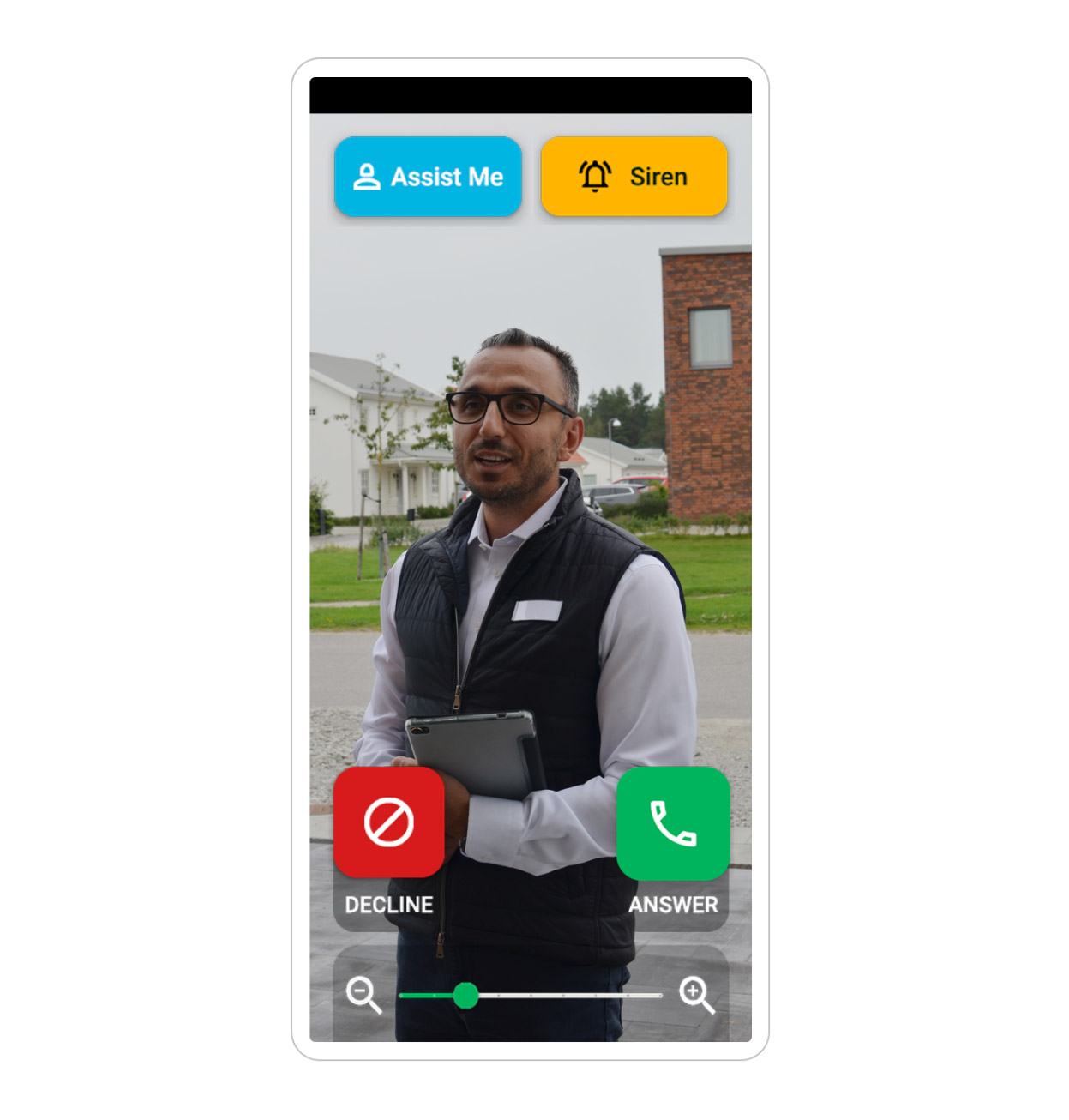 Man seen through Doro smartphone interface with Assist Me and Siren safety features