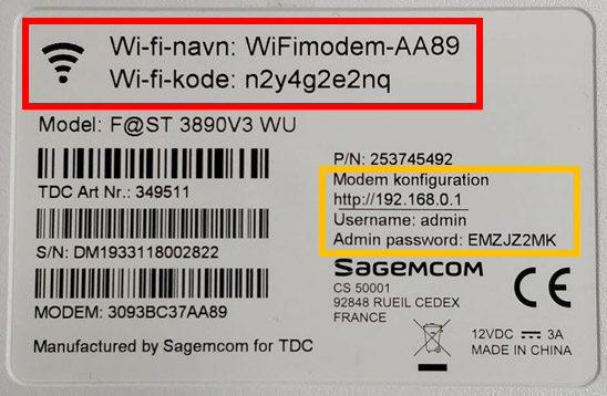WiFi name and password label on router with login details